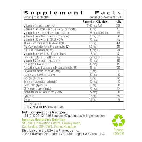 Image of Igennus Methylated Men's Multivitamin with 22 Actives, Added Lycopene for Antioxidant Support, High Potency B12, Sustained Release, Pure & Clean, Non-GMO & Halal, 180 Tablets
