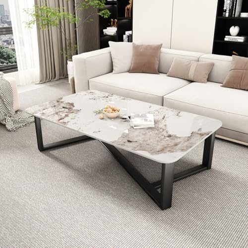 Moderna mesa de centro de piedra con diseño de losa de tatami con marco de hierro forjado de metal, mesa baja multiusos para dormitorio, hogar, sala de estar