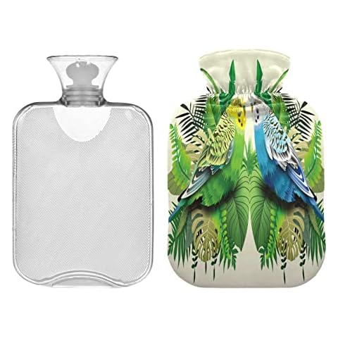 JUMBEAR Green Blue Budgie Leaves Hot Water Bottles with Velvet Cover, 1L Large Hot Water Bag for Warm Pain Relief and Cold Heat Therapy Warm in Winter Gifts, Fit for Kids/Adult Cover