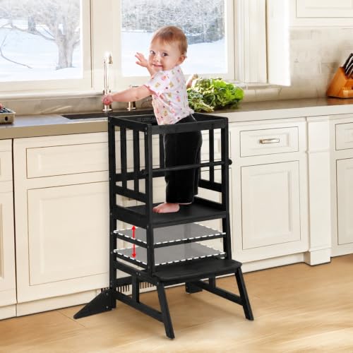 Image of COSYLAND Toddler Standing Tower - Adjustable Height Toddler Kitchen Stool Helper - Kids Kitchen Step Stool for Learning with Removable Safety Railing Black