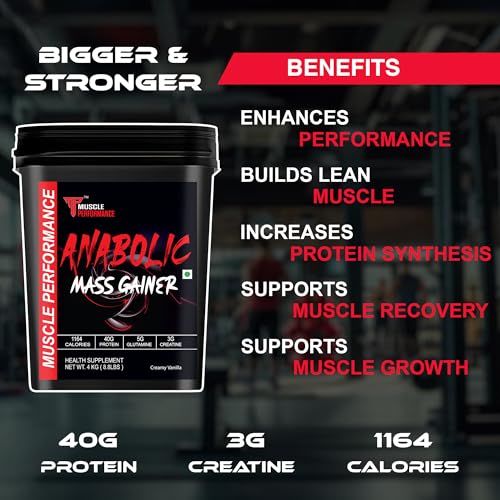 Image of Anabolic Mass Gainer, 4kg, Creamy Vanilla | High Protein Carbs, With Creatine, BCAA & Glutamine, Digestive Enzymes, For Muscle Gain & Fast Growth