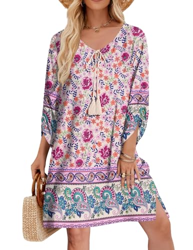 Image of Zeagoo Womens Boho Dresses Casual Beach Summer Dress Tassel Tie Neck 3 /4 Long Sleeve Mini Sundress 2025 Floral Print Cover Up