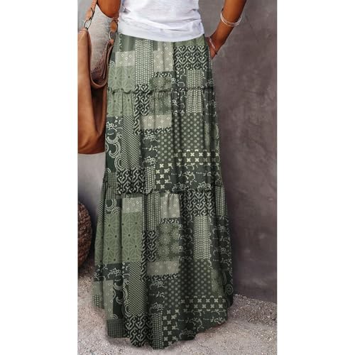 Women's Maxi Skirt,Floral Print Boho Maxi Skirt Elastic High Waist Pleated Ruffle Flowy Long Skirts3