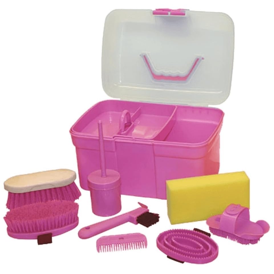 RL24 - Kinder Putzbox für Pferde | Putzkasten mit Inhalt | befüllte Putzkiste mit Mähnenbürste, Striegel, Hufkratzer etc. | Putzkoffer für Pferde | Pferdepflege Set 8-teilig | rosa