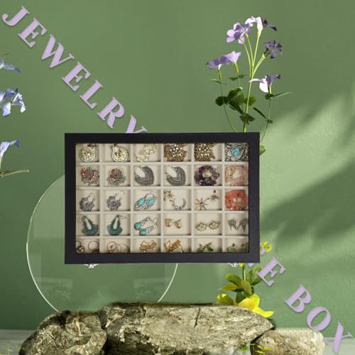 Stratalife Earring Organizer Jewelry Holder Organizer Drawer Earring Storage Jewelry Tray with Clear Lid Ring Box for Women Girls Anti Tarnish 30 Grid (Beige Black) 6