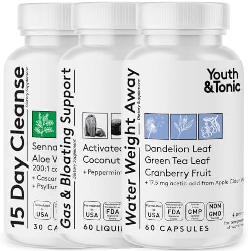 Youth & Tonic 3X Belly Bloating Pills for Puffiness, Water Debloat, Stomach, Gut & Colon Cleanse Detox | with Liquid Activated Charcoal, Coconut & Peppermint Oil, Senna Leaf & More | 150 Capsules