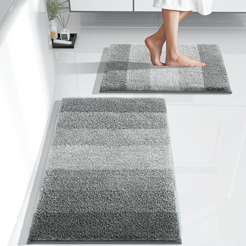 Yimobra Luxury Bathroom Rugs Sets 2 Piece, Fluffy Soft Comfortable Absorbent Microfiber Bath Mat Set, Extra Plush Thick Non Slip Shaggy Shower Rug, Machine Wash, 32x20+24x17 Inch, Light Gray