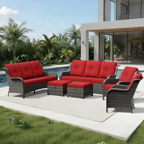 Image of Joyside 6 Piece Wicker Patio Furniture Set, Rattan Patio Chairs with High Back, Deep Seating, Wide Armrest, Thickened Cushions, Outdoor Furniture for Deck, Porch Use