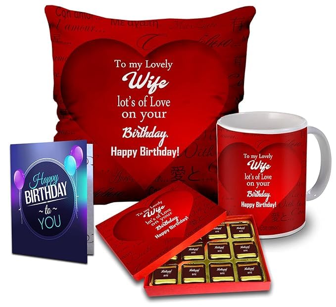 Midiron Romantic Birthday Gift For Wife |Chocolate Gift For Wife Birthday Special combo with 12x12" Cushion, Coffee Mug, Card-image-44