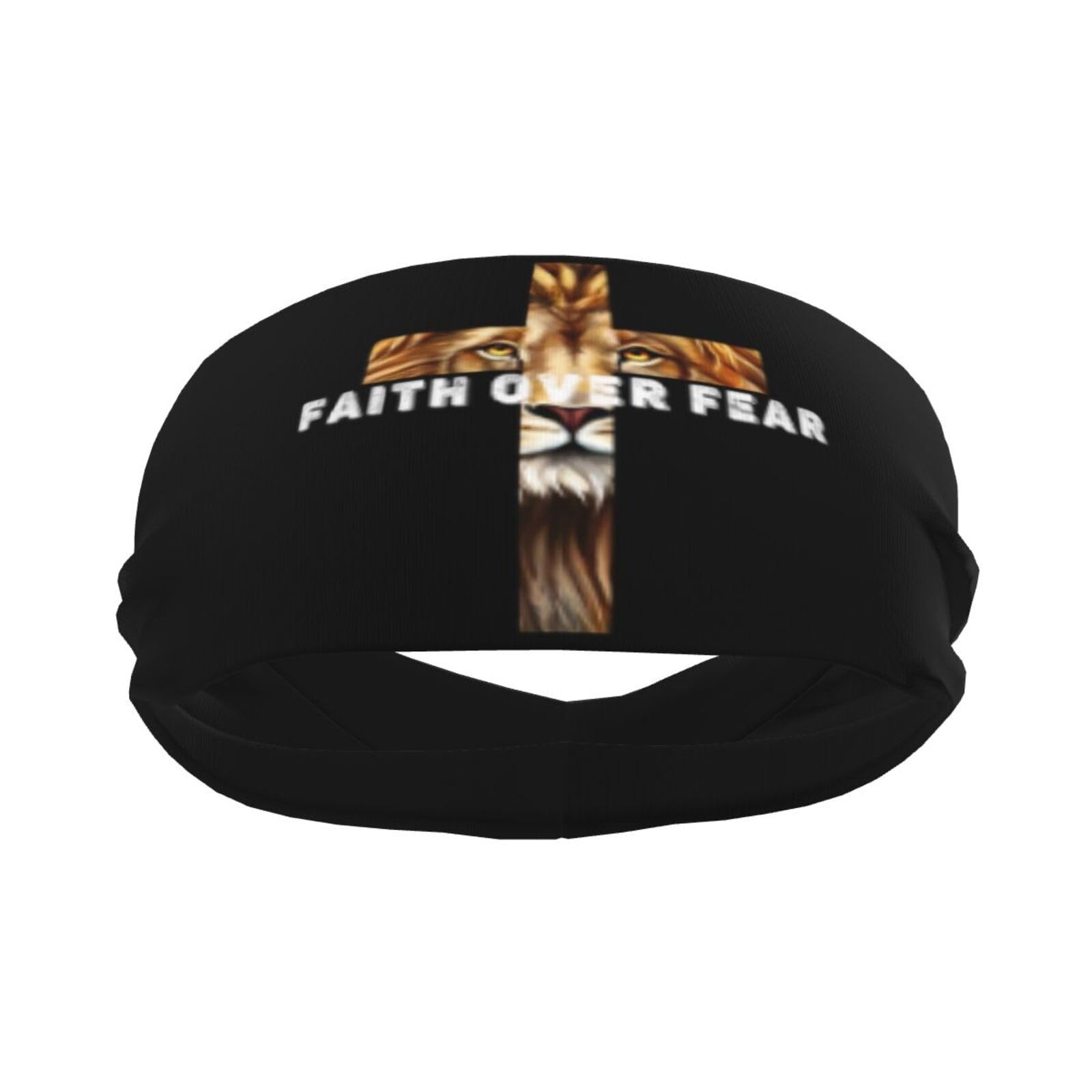 Faith Over Fear Lion Jesus Cross Christian Men Women Sports Sweatband Headbands Workout Hairbands for Running Basketball Tennis Yoga Fitness Athletic Elastic Moisture Wicking