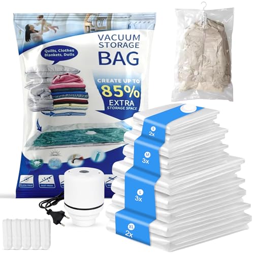 Bolsas al Vacío Ropa - 12 piezas (2S + 3M + 3L + 2XL + 1 Bomba Eléctrica + 1 Bolsa Colgante) - para Hogar y Viaje - Almacenaje y Organizador antihumedad