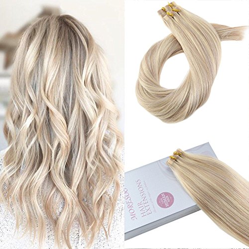 Moresoo 18 Inch PU Tape in Hair Extensions Color #18 Ash Blonde Highlighted with #613 Blonde Invisible Seamless Skin Weft Human Hair Extensions Glue on 100g/40pcs Tape on Extensions