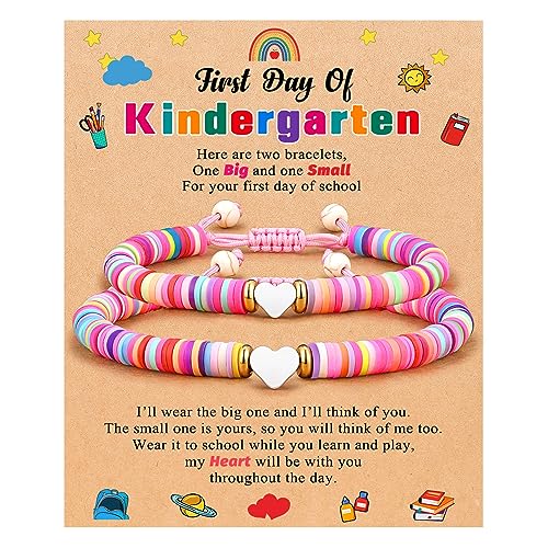 Image of First Day of Kindergarten /Pre K /School Mother Daughter Bracelets Matching Heart Wish Bracelet Set for 2 Gifts