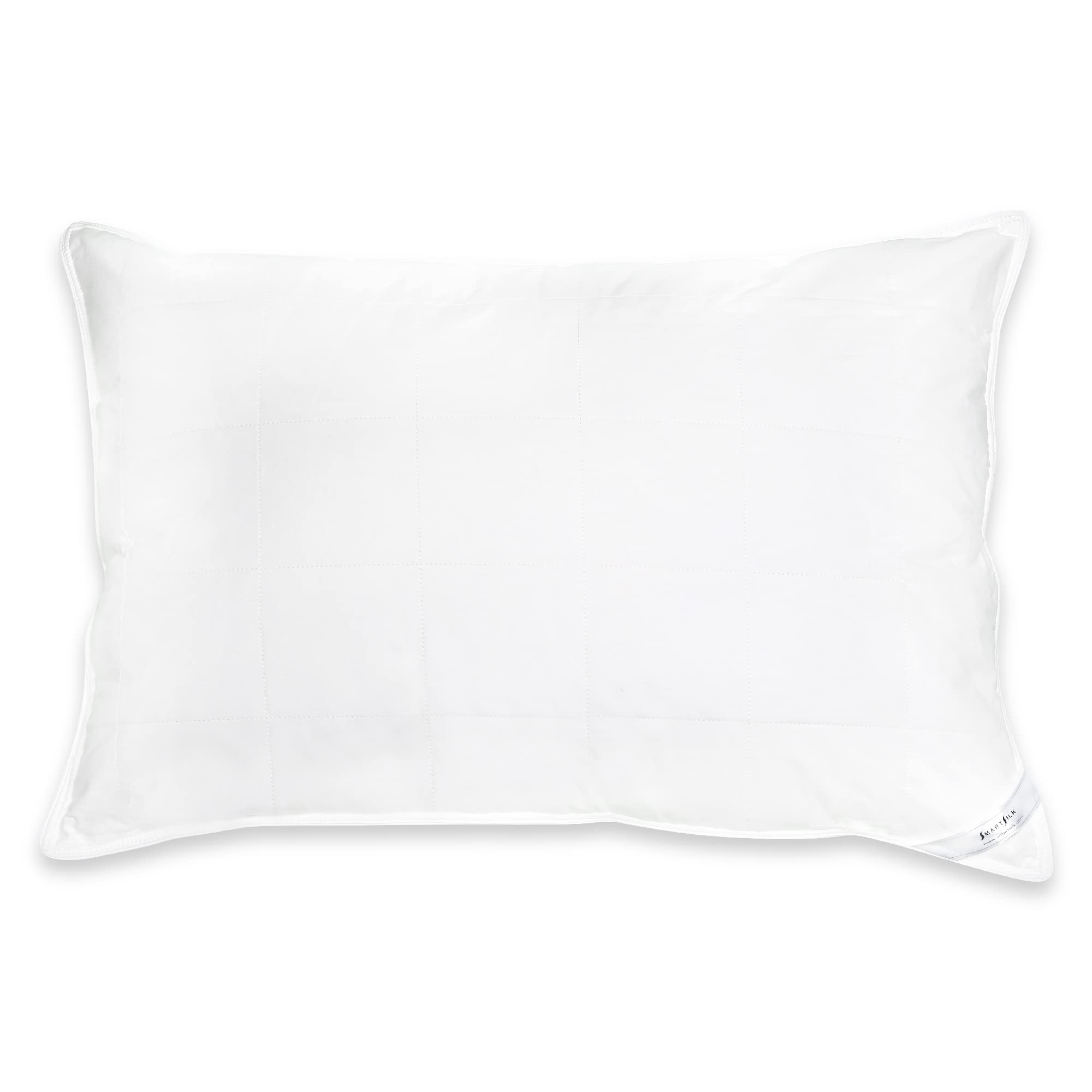 SMARTSILK Bed Pillow, Queen Pillows Made from a Pure Cotton Outer Shell and a Pure Tussah Silk Lining, Naturally Cooling, Allergy-Friendly, White, Comfort Level 1, 19 x 30 Inches
