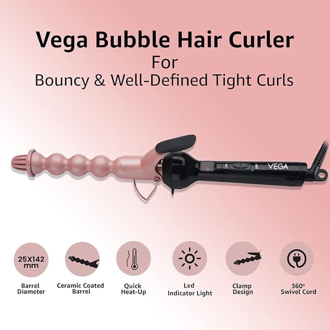 Vega Bubble Hair Curler for Women with 25x142mm Barrel Ceramic Coated Barrel & Quick Heat Up for Bouncy Looking Curls, Fast Heatup, Suitable for All Hair Types, (VHCH-07), Black - Image 3 thumbnail