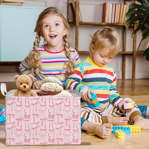 Image of Pink Bow Foldable Storage Bins, Waterproof Toy and Clothes Organizer for Nursery Room, Pink Cute Decorative Fabric Basket for Girls Bedroom, Foldable Gift Box for Game Room, Bow Party Decor