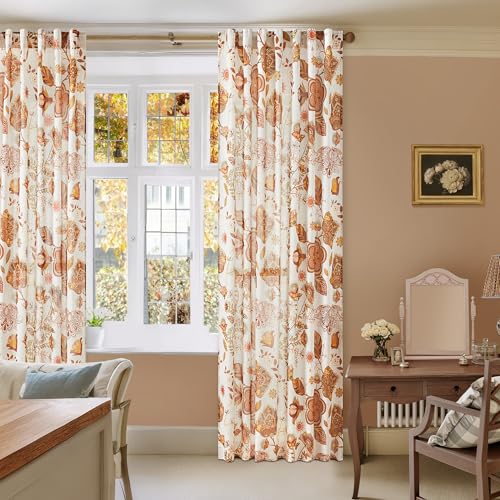 Image of Terracotta Floral Linen Curtains for Living Room Dining 96 Inches Long 2 Panels Back Tab Vintage Farmhouse Flower Pattern Window Drapes Semi Sheer Light Filtering Bedroom Burnt Orange Autumn Fall