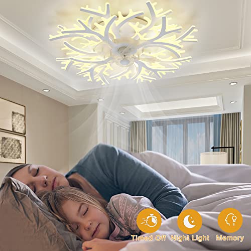 33.5" Modern Ceiling Fans With Lights And Remote, Dimmable 3 Color Low Profile Ceiling Fan With Light, 6 Gear Quiet Flush Mount Led Ceiling Fan, White Bladeless Ceiling Fan With Light For Bedroom 100W #TOP2
