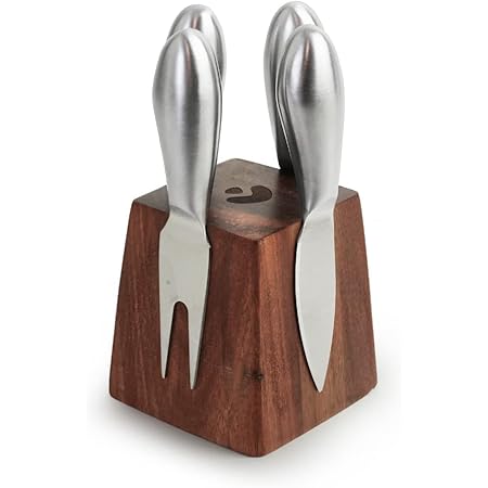 Slice of Goodness Original Cheese Knife Set - 4 Small Stainless Steel Charcuterie Board Utensils with Magnetic Acacia Wood Holder - Modern Cheese Knives