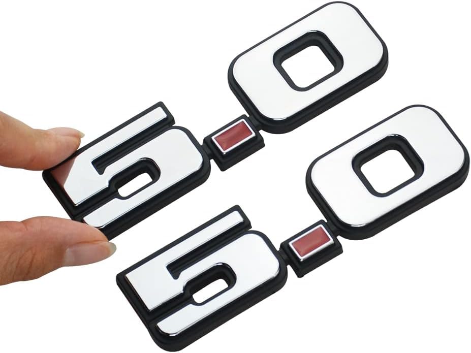 Image of 2Pc 5.0 Emblem Liter Door 3D Fender Side Adhesive Badge Plate Right Left Sticker Replacement for 1979-1993 150 (Silver Red)