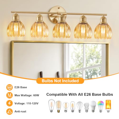 Image of Bathroom Light Fixtures, 5-Light Brushed Gold Vanity Lights for Bathroom with Amber Tulip Glass Shade, 30 inch Vintage Bathroom Vanity Lighting Fixtures Over Mirror for Bedroom Living Room Hallway