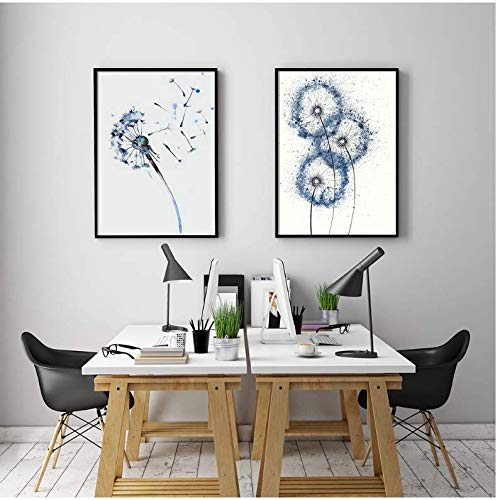 Toile fleurs bleu pissenlit et animal pour la décoration du salon en format 50x70cm sans cadre