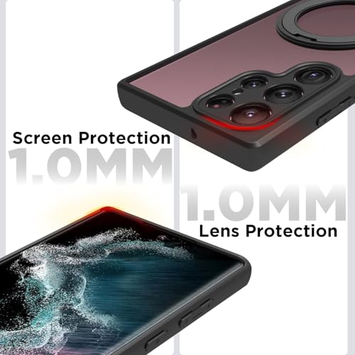 Image of RIGGEAR Shockproof Sleek Hybrid Armor 360 Rotating Magnetic Ring Stand Back Cover Case Compatible with MagSafe Accessories for Samsung Galaxy S22 Ultra (Transprent PC and Black TPU Bumper)