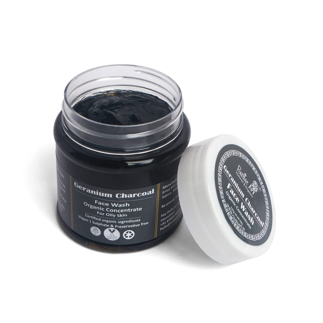 Organic Geranium Charcoal Face Wash Concentrate | Deep Pore Cleansing, Blackhead Removal | Natural Geranium, Peppermint, Activated Charcoal | Sulfate Free | Oily Skin | 125g