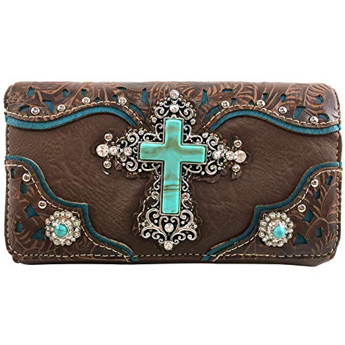 Zelris Turquoise Rhinestone Cross Western Women Crossbody Wrist Trifold Wallet (Brown)