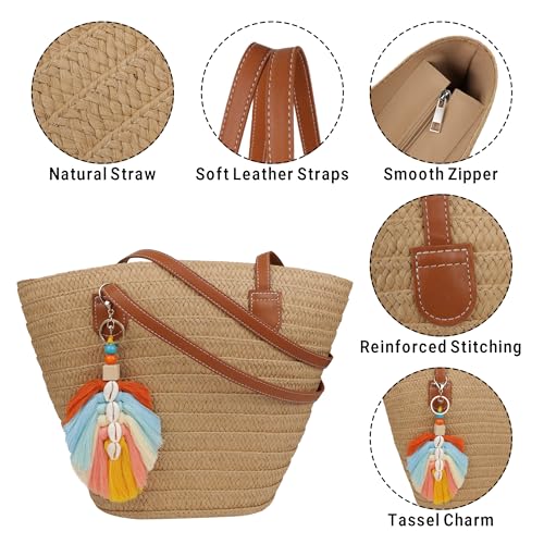 Bolsa de playa tejida con asa para mujer marrón miniatura 4
