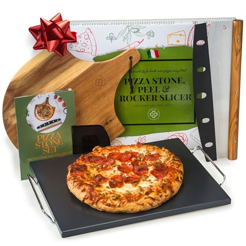 Black Pizza Stone for Oven and Grill with Wood Pizza Peel & Pizza Cutter - Cordierite Baking Stone Ceramic Coated Stainless and Non-stick - Detachable Serving Wire - 15 inch x 12 inch Large