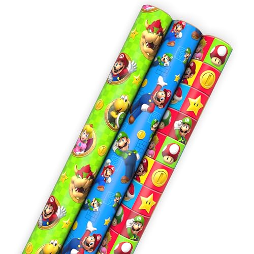 Hallmark Nintendo Super Mario Wrapping Paper Rolls for Kids with Cutlines on Reverse (3 Rolls: 60 Sq. Ft. Total) Mario Luigi Yoshi Bowser Princess Peach Toad