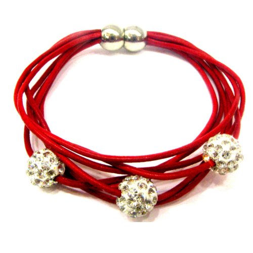 Preisvergleich Produktbild Styleziel Tolles Lederarmband Weinrot mit funkelnden Kristall Kugeln und Magnetverschluss 1834