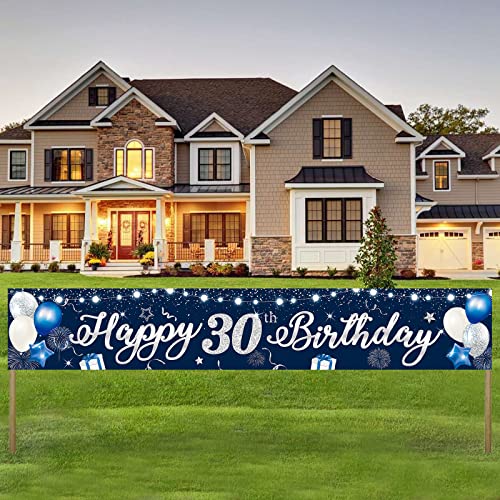Cartel de decoración de feliz cumpleaños número 30 grande azul y plateado feliz 30 años cartel de cumpleaños 30 suministros para decoración de fiesta de cumpleaños para hombre 30 x 82 pulgadas Cover
