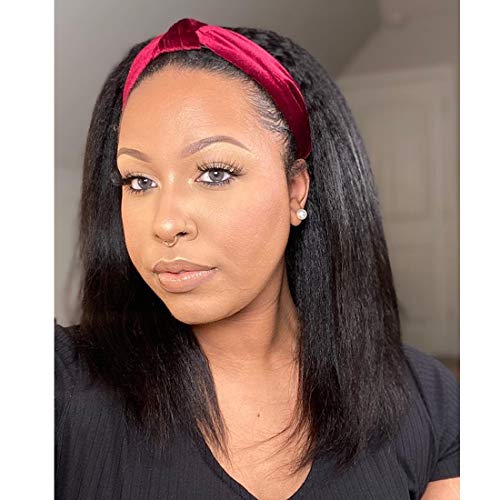MowigLux Kinky Straight Headband Wigs Italian Yaki Synthetic Hair Wigs Shoulder Length Short Bob Glueless Natural Looking Wigs Black Color