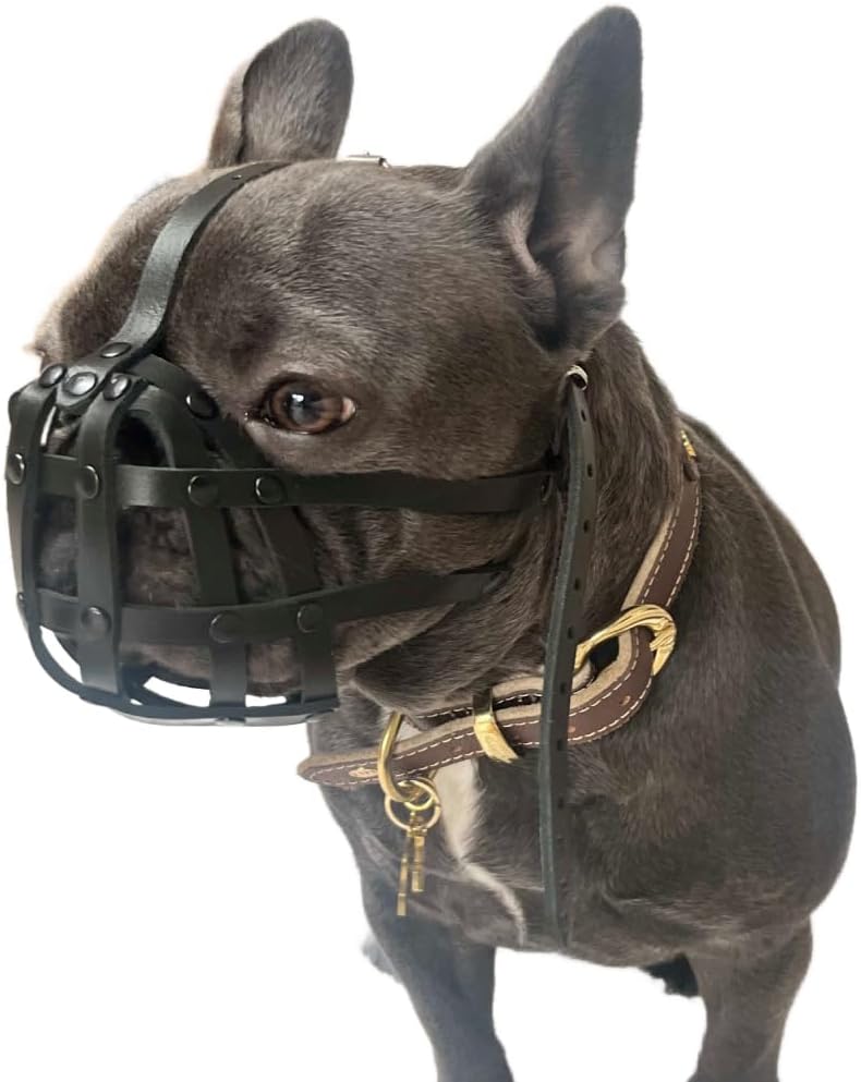 Genuine Leather Dog Muzzle for French Bulldogs & Flat-Faced Breeds - Lightweight, Breathable Anti-Biting & Chewing - Adjustable Snout Mask for Frenchies, Pugs, and Boston Terriers (FB1, Black)