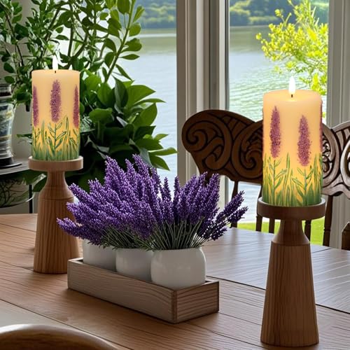 Image of Eldnacele Lavender Flameless Candles with 6 Hour Timer, Battery Operated Hand Painted 3D Wick Flickering Real Wax LED Pillar Candles for Spring Dinner Christmas Holiday Decor((2Pcs, D3xH6.5)