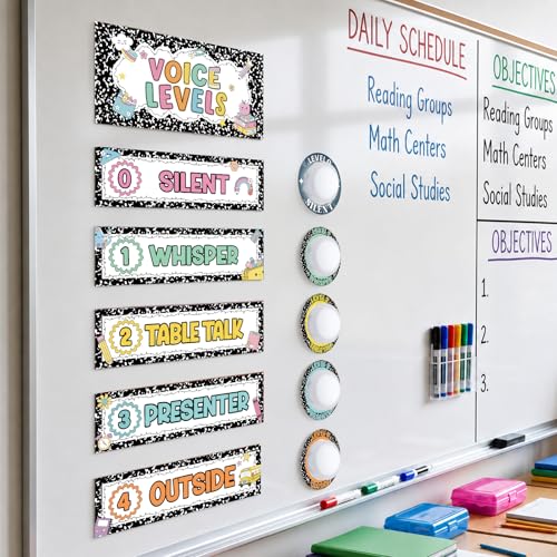 APUDWN 16 PCS Voice Level Classroom Push Light and Magnetic Poster Sticker, Composition Notebook Classroom Decor, Noise Control Chart Behavior Management Tool for Preschool Elementary School Teachers