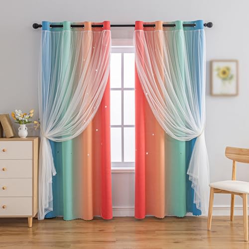 Image of indistar Colourful Stripe Star Cut-Out Blackout Curtains for Bedroom,2 Layers Mix Design of Fabric & Tulle,Pretty Window Curtain for Kids Room 1 Panel (W52 x L95 Rainbow)