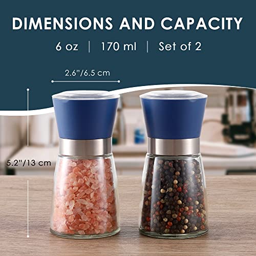 Vzaahu Salt And Pepper Grinder Set Blue - Refillable Small Sea Salt & Peppercorn Shakers Set, Adjustable Coarseness, Ceramic Burr, Premium Glass Salt & Pepper Mill #TOP1