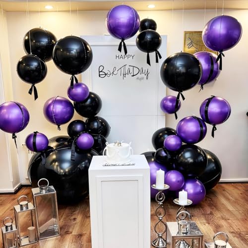 Image of 9 Pcs Black Purple Round Foil Balloons Black Metallic Dark Purple Chrome 4D Ball Balloons 22 In Orbz Mylar Balloon for Graduation Grad Birthday Wedding Anniversary Disco Party Decorations