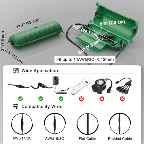Image of Flemoon Outdoor Extension Cord Safety Cover, IP44 Waterproof Electrical Box | Waterproof Protector Seal, Weatherproof Electrical Connection Box for Outlets, Plugs, Sockets, Holiday Decorations, Green