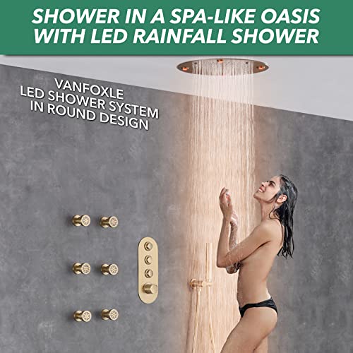 Vanfoxle Shower Faucet Set Brushed Gold Temperature Shower System, Push Button Diverter Shower Faucet With 16 Inch Ceiling Led Rain Showerhead, 6 Pcs Two Modes Body Jets With 2 In 1 Handheld #TOP5