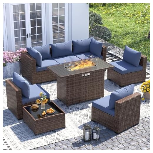 UDPATIO Outdoor Patio Furniture Set with Fire Pit Table, 8 Piece Outdoor Sectional Sofas, All-Weather Wicker Patio Conversation Set for Garden, Backyard Navy Blue