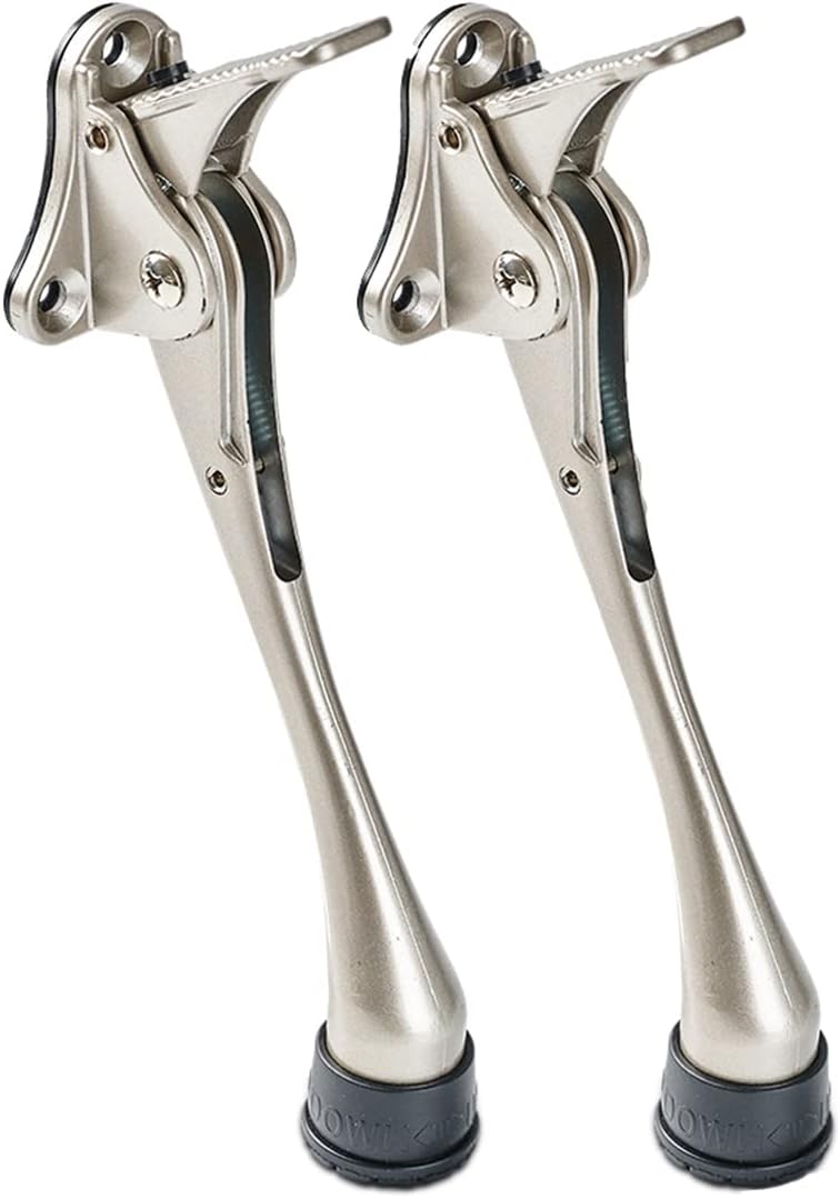 HOME&I Kickdown Door Stopper, 6-Inch Commercial Heavy Duty Door Stop Holder Kick Door Kickstand Height-Adjustable Rubber Foot (Satin Nickel, 6 Inch x 2 Pack)