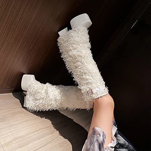 Yolkomo Women's Knee High Platform Boots Chunky Heel Furry Boots4