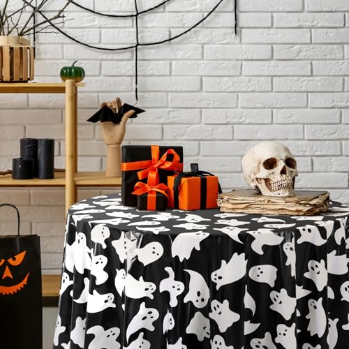 Image of Ganeen 6 Pcs Halloween Plastic Tablecloths 84 Inch White Black Ghost Disposable Table Cover Plastic Round Ghost Spooky Tablecloths Decoration for Halloween Baby Shower Party Supplies