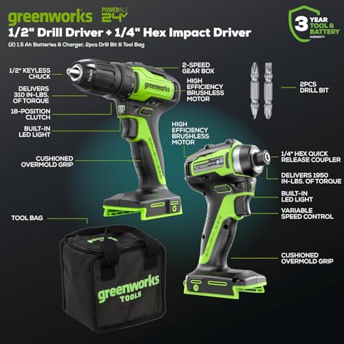 Image of Greenworks 24V Brushless Cordless Drill and Impact Driver,Power Tool Combo Kit Included 1 /2 inchDrill & 1 /4 inchHex Impact Driver and (2) Batteries, Fast Charger, 2 pcs Drill Bit Set & Bag