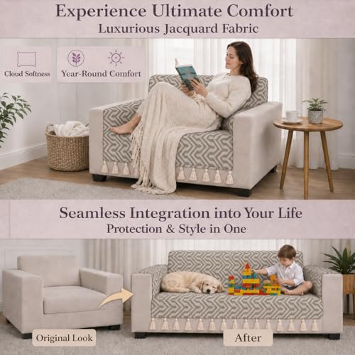 Image of STITCHNEST 'Nomad Weave Collection' 3 Seater Sofa Cover - Full Coverage| Elegant Jacquard Fabric, Decorative Tassels, Washable & Durable for Modern Living66