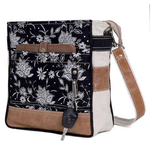Image of CLA Bags SEL de MER Upcycled Olive Green Blossom Print Canvas & Leather Shoulder Bag, Canvas Crossbody Bags for Women